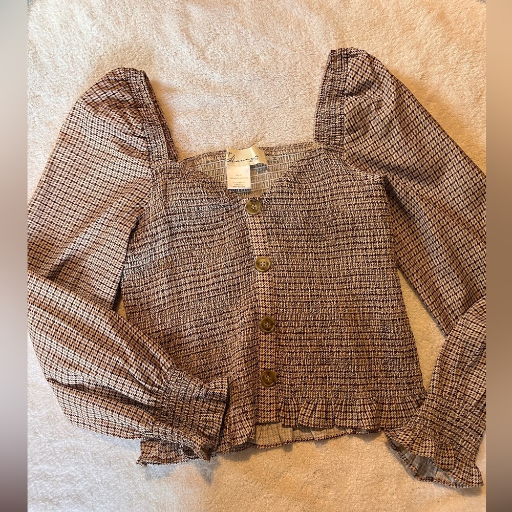 Vintage Havana Brown Checked Square-Neck Button Front Blouse